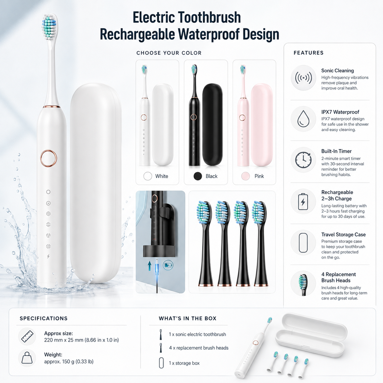 Rechargeable Waterproof Electric Toothbrush