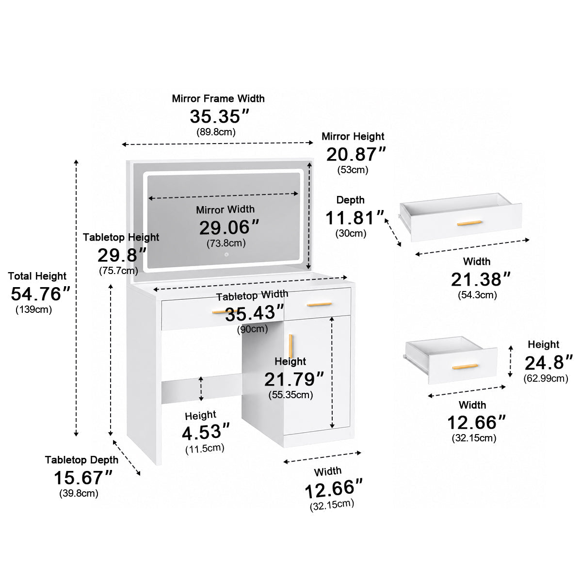 LED Makeup Vanity with Charging Station & 3-Color Light