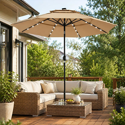 10FT 3-Tier Solar Patio Outdoor Umbrella with 32 LED Lights