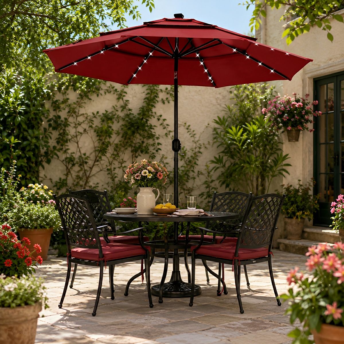 10FT 3-Tier Solar Patio Outdoor Umbrella with 32 LED Lights