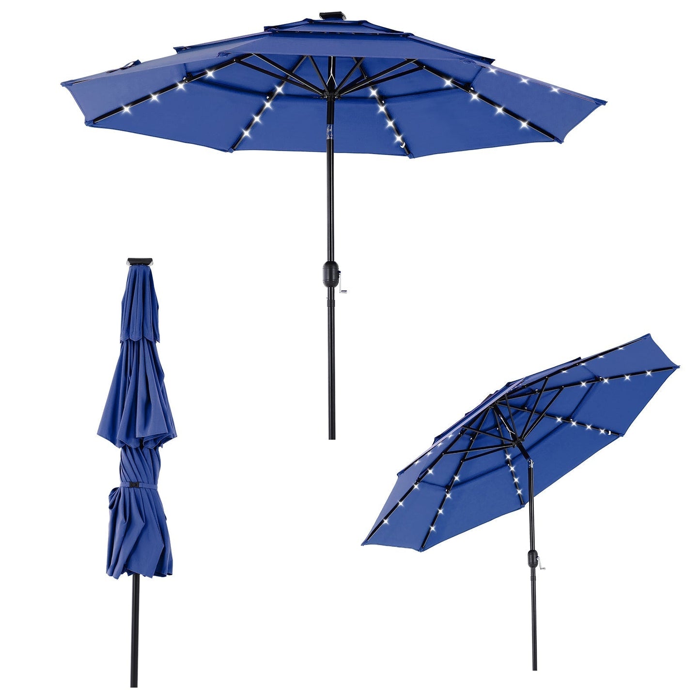 10FT 3-Tier Solar Patio Outdoor Umbrella with 32 LED Lights