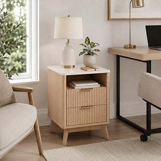 2-Drawer Bedside Cabinet Carved Nightstand with Charging Station