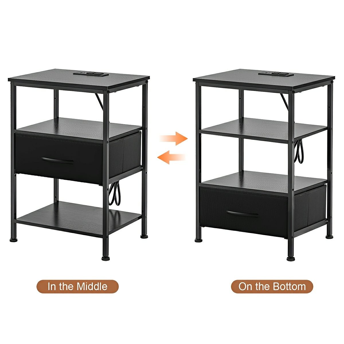 3-Tier Bedside Table Nightstand with Charging Station