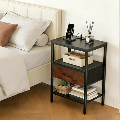 3-Tier Bedside Table Nightstand with Charging Station