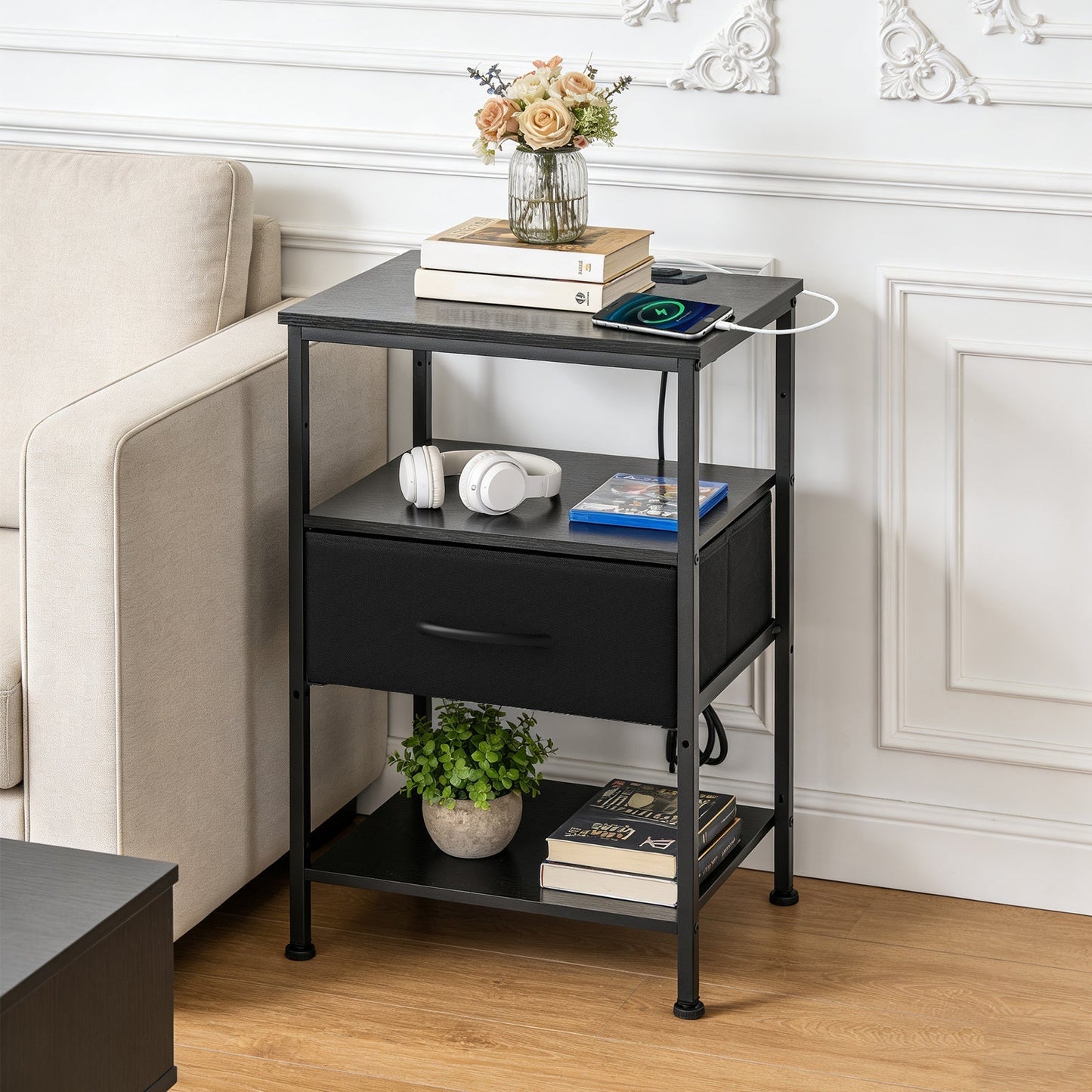 3-Tier Bedside Table Nightstand with Charging Station