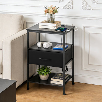 3-Tier Bedside Table Nightstand with Charging Station