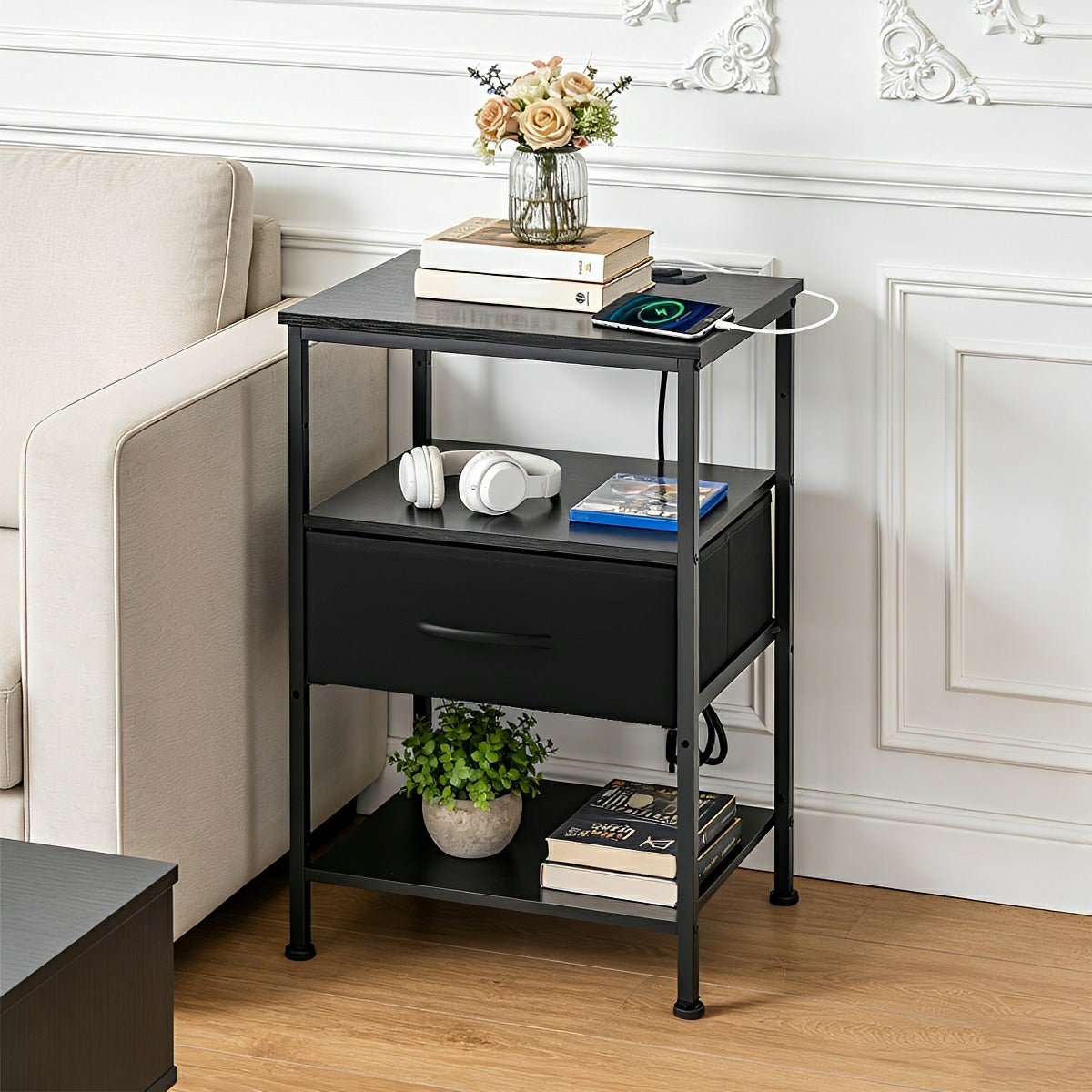 3-Tier Bedside Table Nightstand with Charging Station