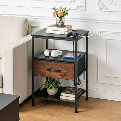 3-Tier Bedside Table Nightstand with Charging Station