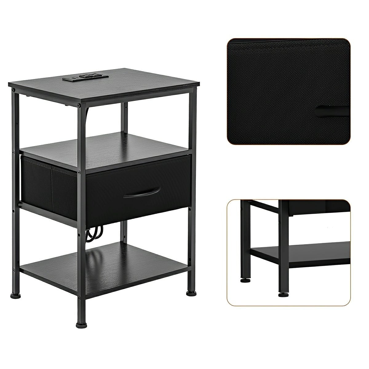 3-Tier Bedside Table Nightstand with Charging Station