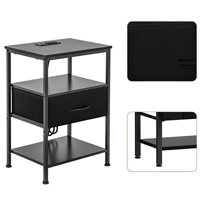 3-Tier Bedside Table Nightstand with Charging Station
