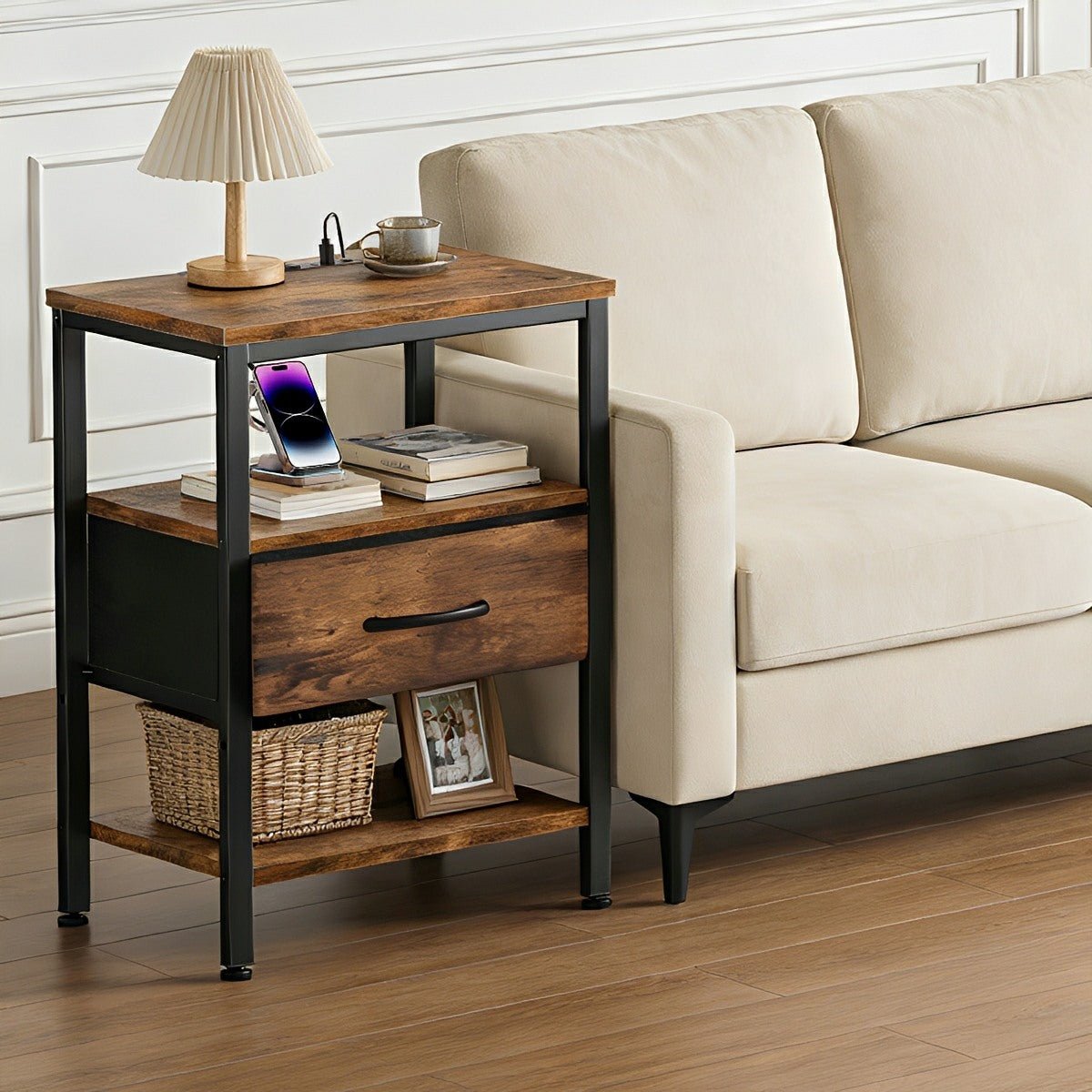 3-Tier Bedside Table Nightstand with Charging Station