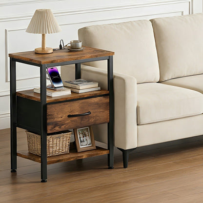 3-Tier Bedside Table Nightstand with Charging Station