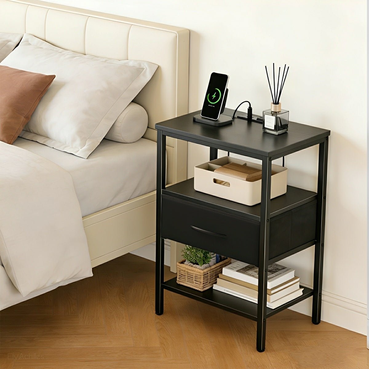 3-Tier Bedside Table Nightstand with Charging Station