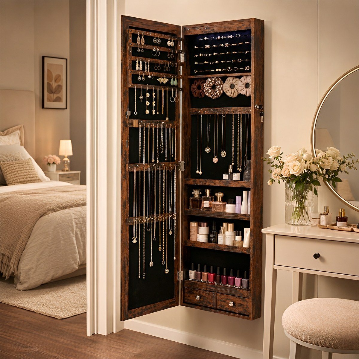 47.2" Wall Jewelry Armoire with Full Mirror & Lockable