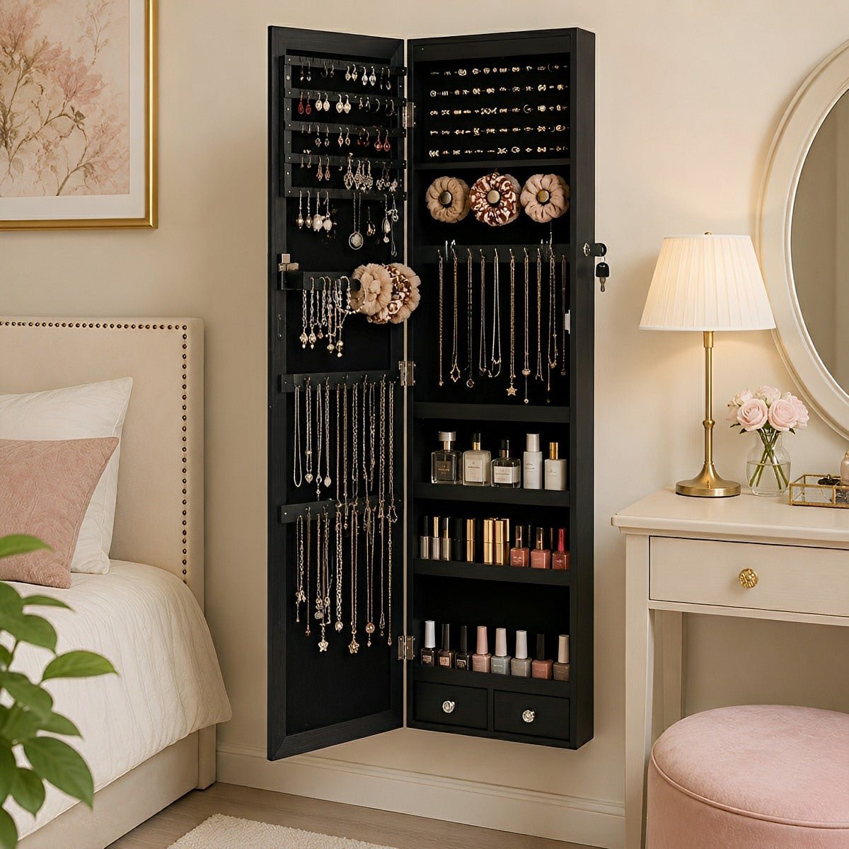 47.2" Wall Jewelry Armoire with Full Mirror & Lockable