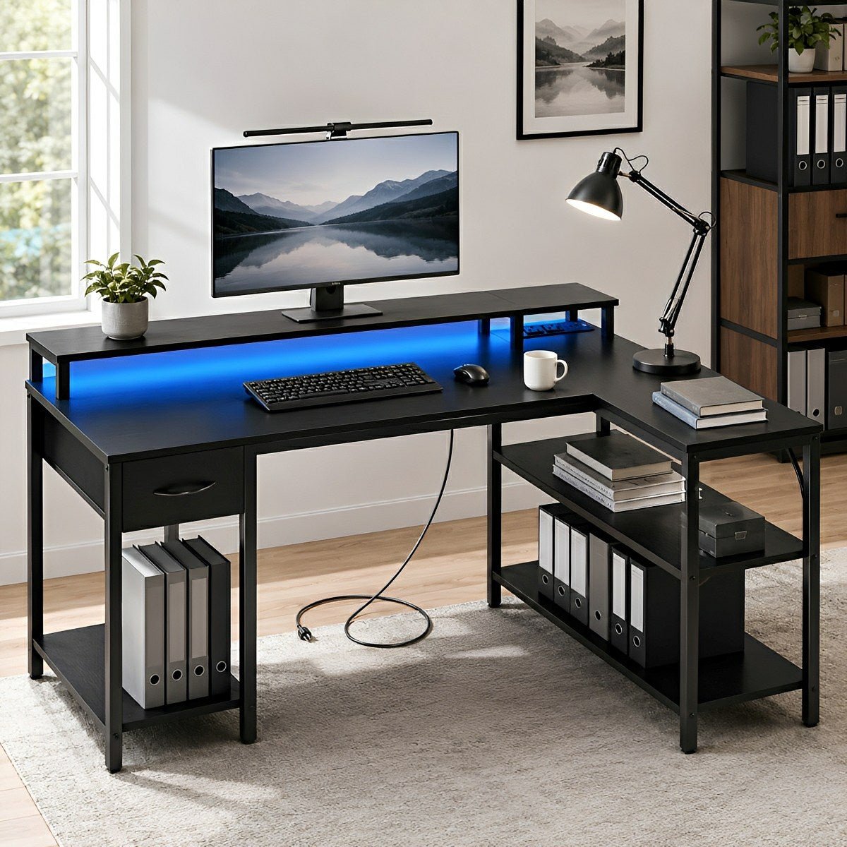 L-Shaped Gaming Desk with LED & Power Outlet