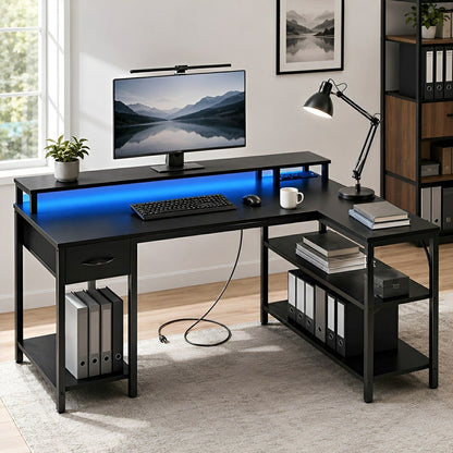 L-Shaped Gaming Desk with LED & Power Outlet