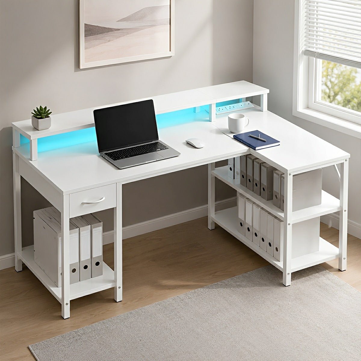 L-Shaped Gaming Desk with LED & Power Outlet