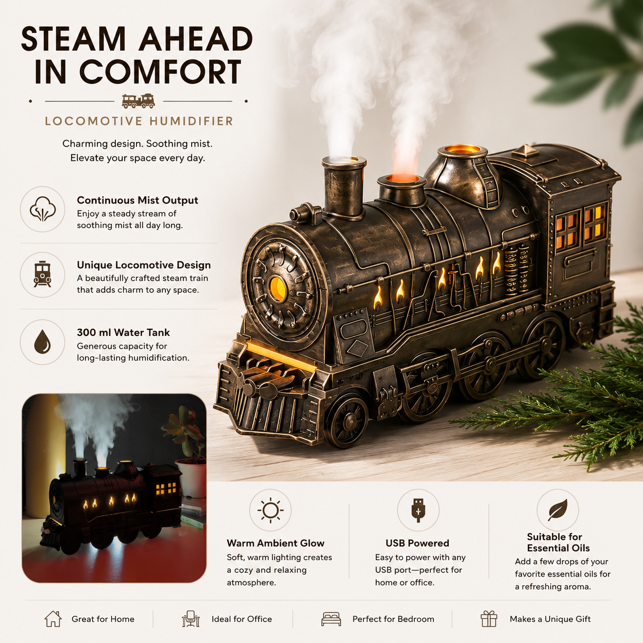 Locomotive-Design Steam Mist Humidifier