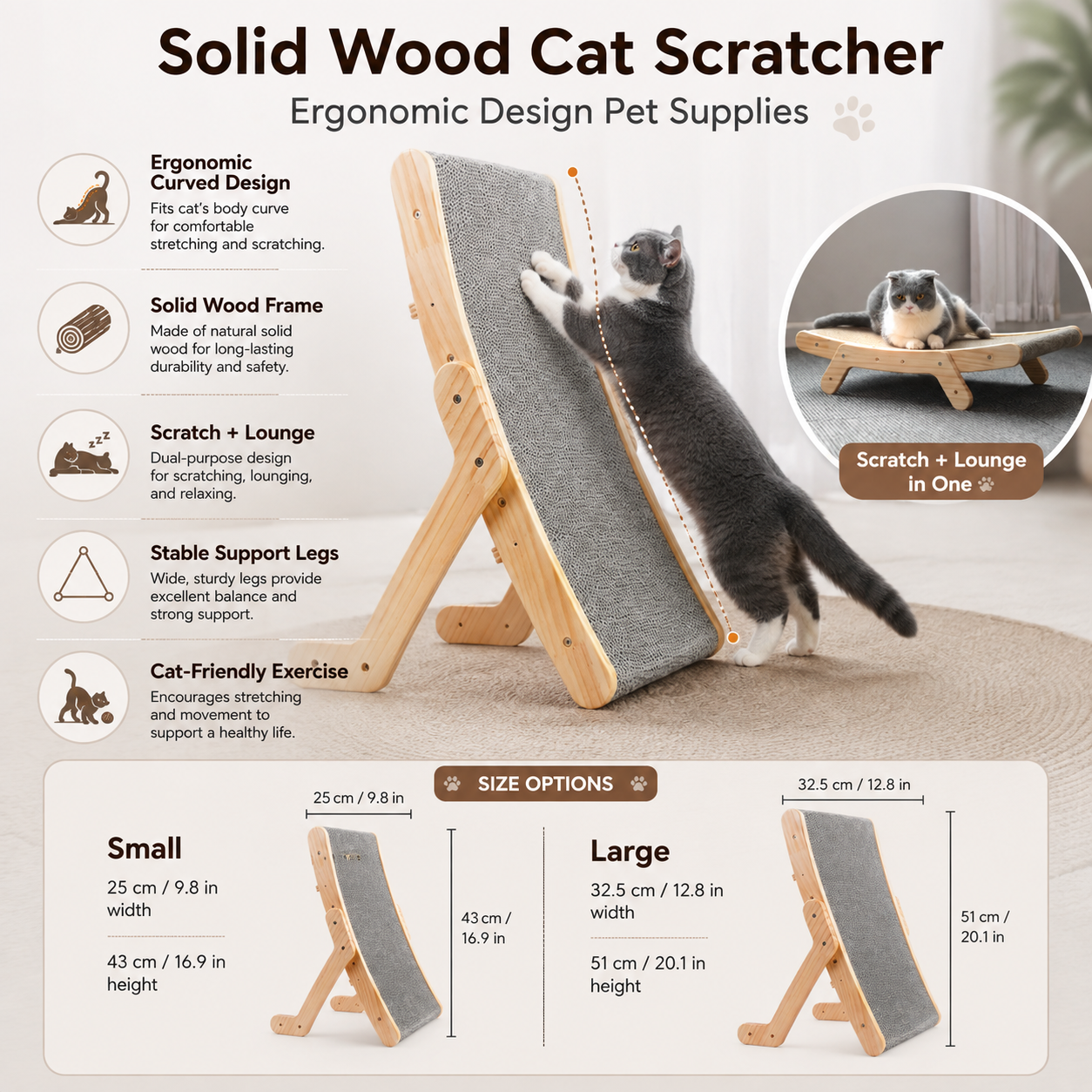 Ergonomic Solid Wood Cat Scratcher