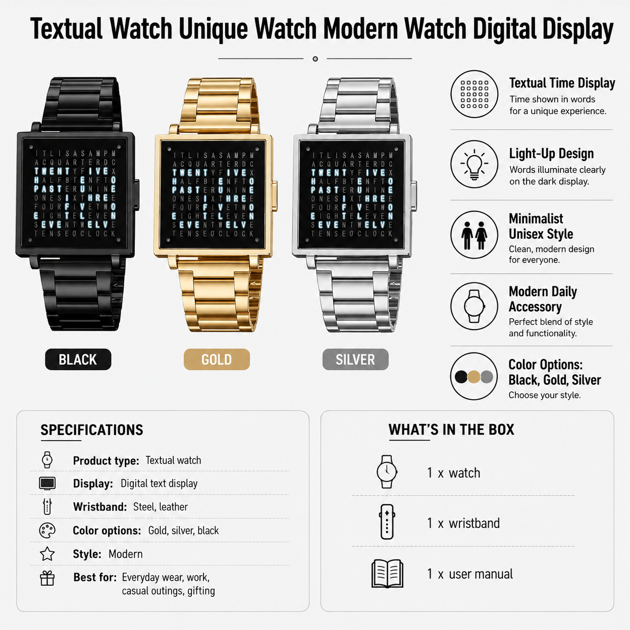 Modern Digital Display Text Watch