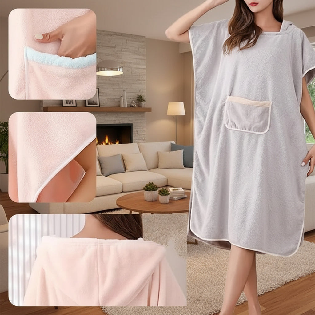 Hooded Poncho Bathrobe with Pockets