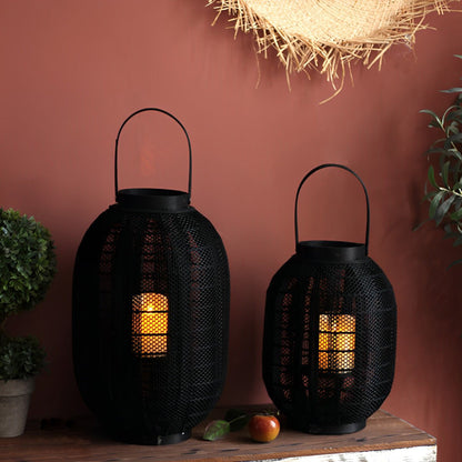 Black Handmade Wood LED Candle Lantern Floor Lamp