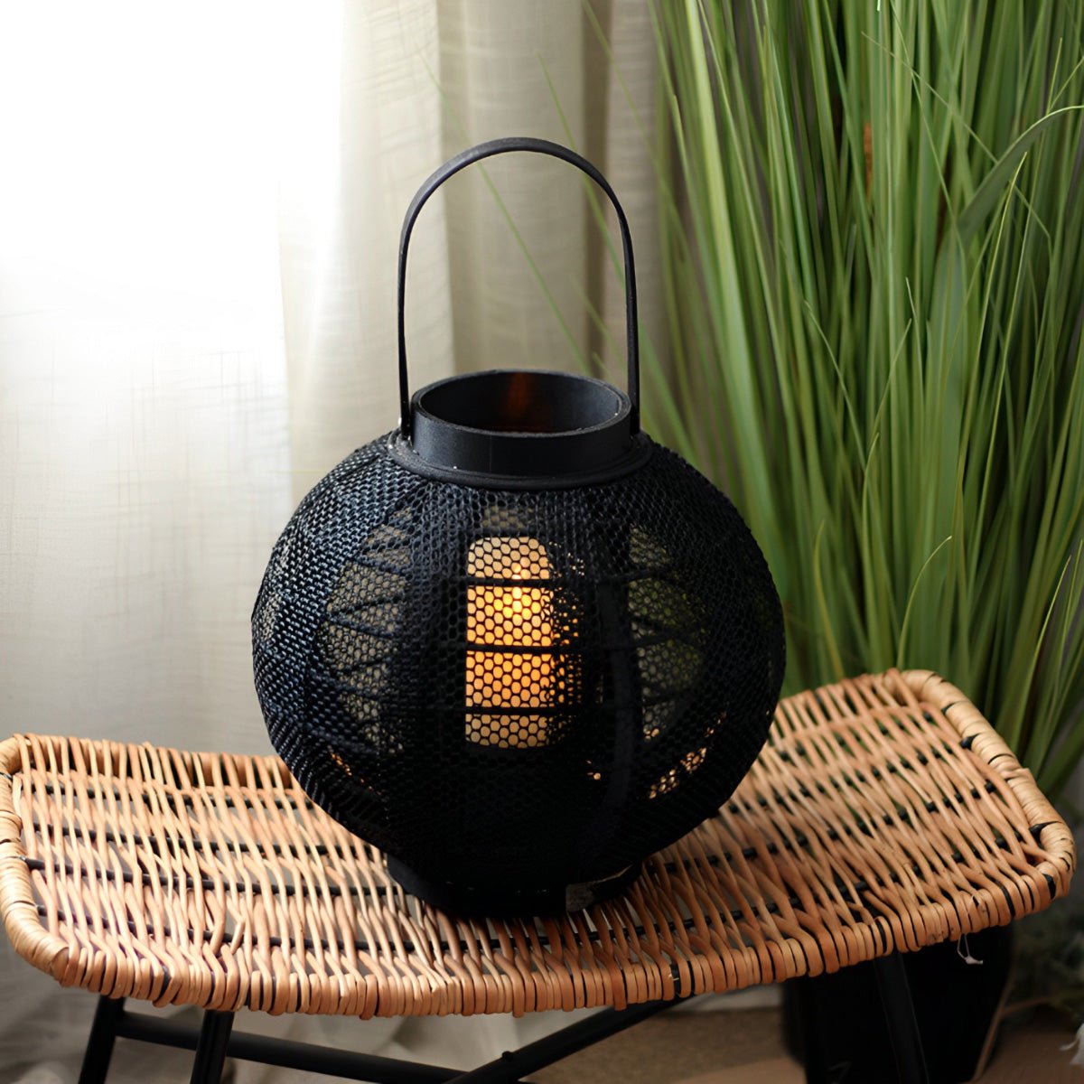Black Handmade Wood LED Candle Lantern Floor Lamp