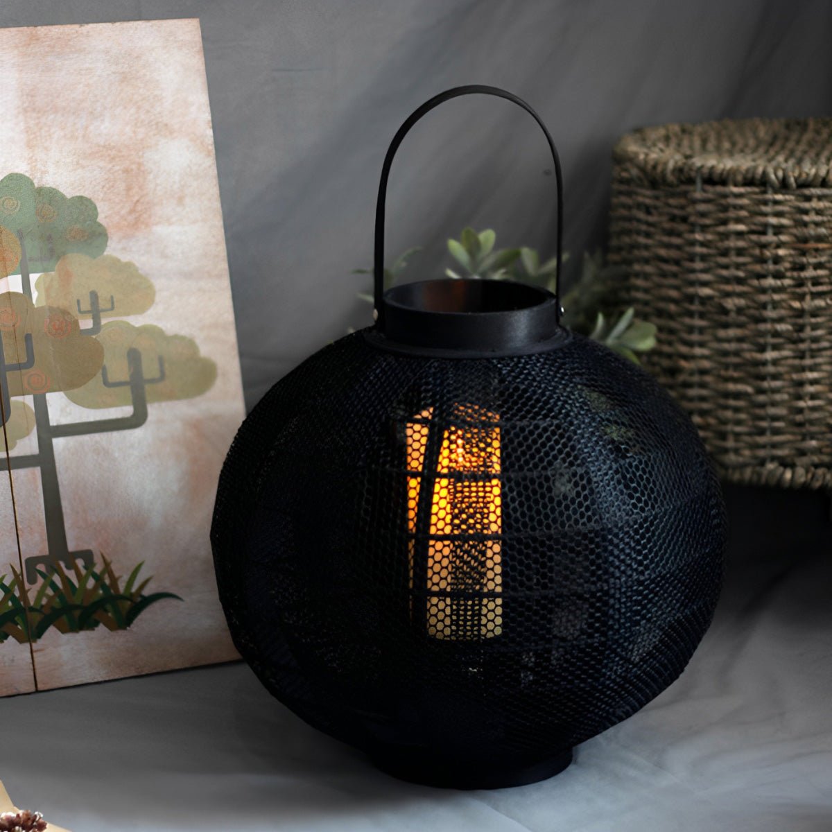 Black Handmade Wood LED Candle Lantern Floor Lamp