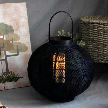 Black Handmade Wood LED Candle Lantern Floor Lamp