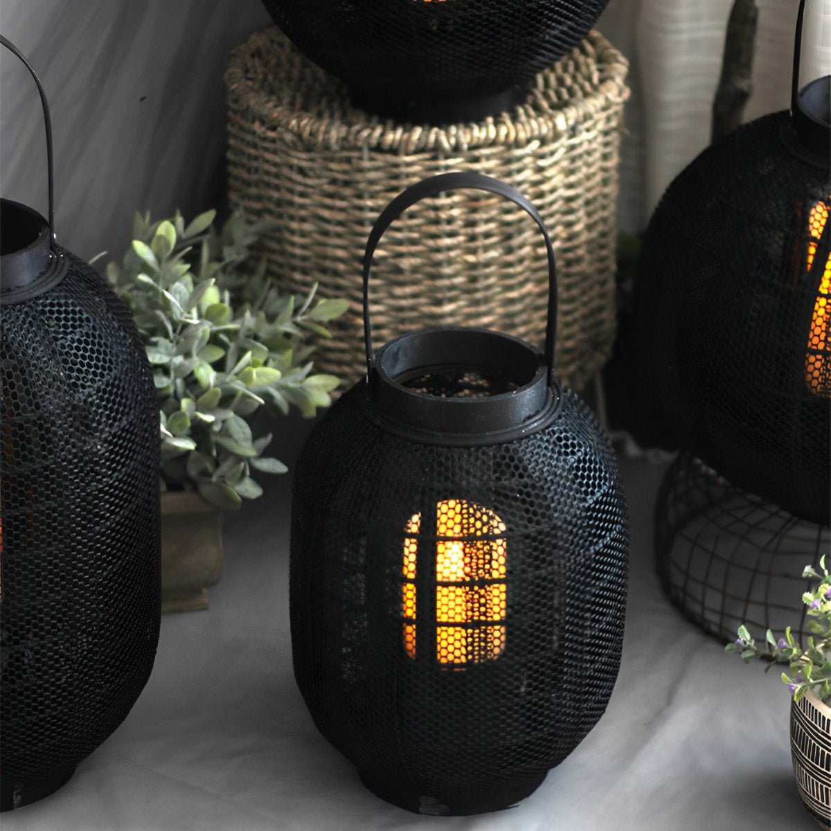 Black Handmade Wood LED Candle Lantern Floor Lamp