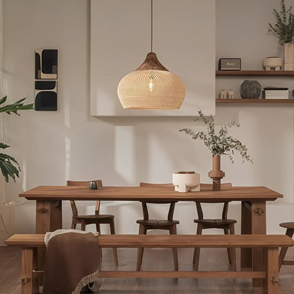 Bowl-shaped Handmade Rattan Pendant Light – Boho Woven Hanging Lamp