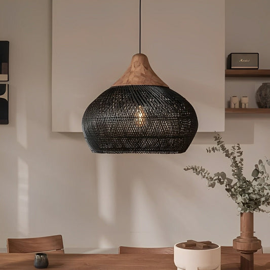 Bowl-shaped Handmade Rattan Pendant Light – Boho Woven Hanging Lamp