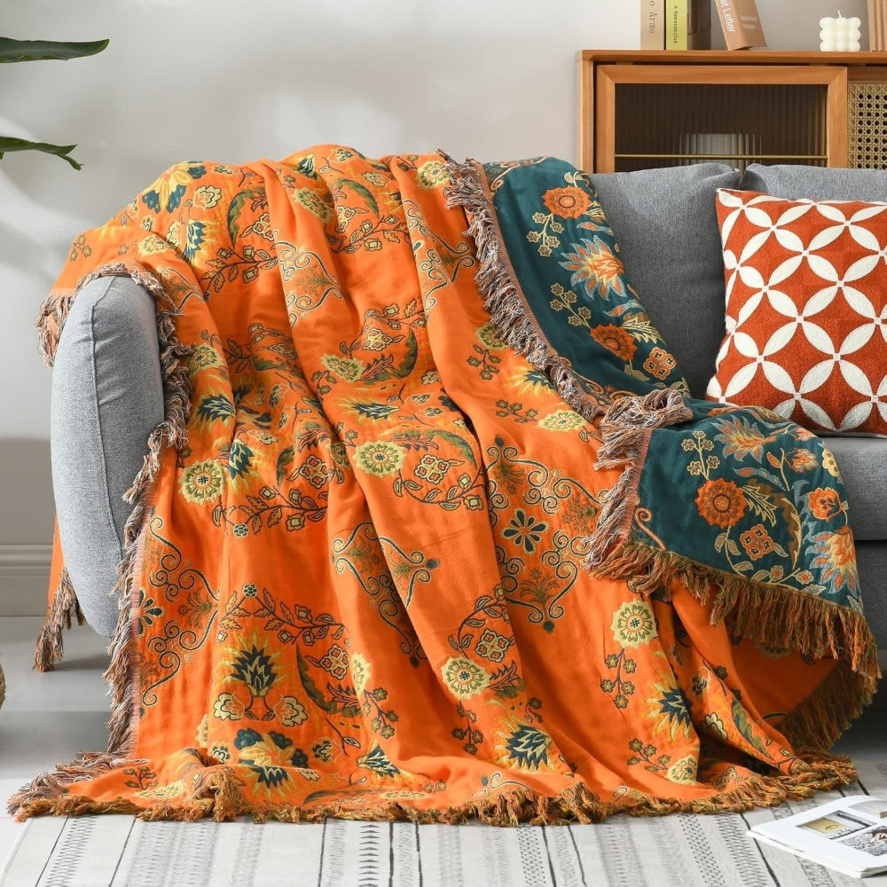 Reversible Cotton Throw with Fringe