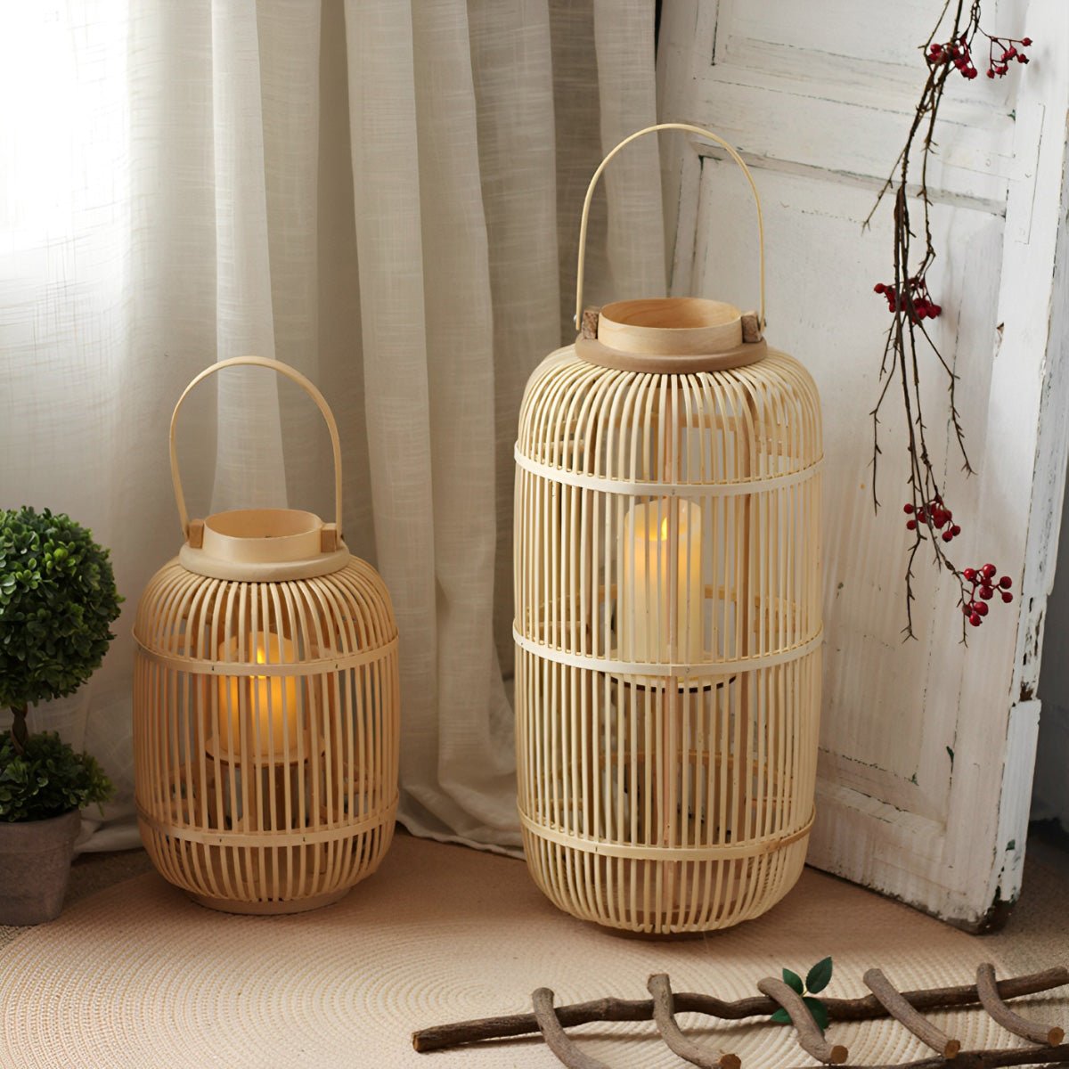 Handmade Bamboo Weaving LED Candle Lantern Floor Lamp