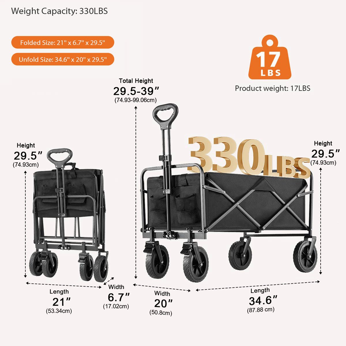 Heavy Duty 600D Folding All-Terrain Wagon Cart for Camping & Shopping, 330lbs