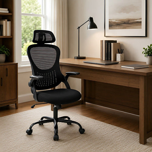 High Back Mesh Office Chair – Adjustable Headrest, Flip Arms