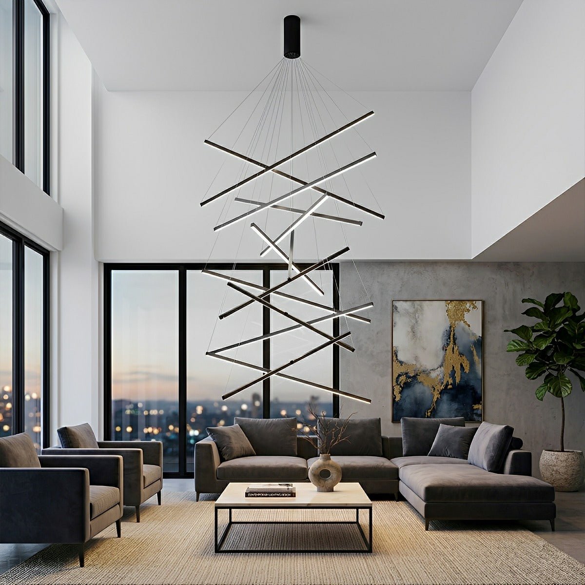Minimalist Geometric Tiered Strip Dimming LED Black Modern Chandelier