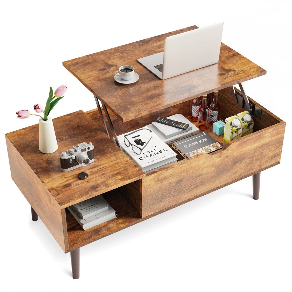 Modern Lift Tabletop Coffee Tables with Storage Shelf and Hidden Compartment