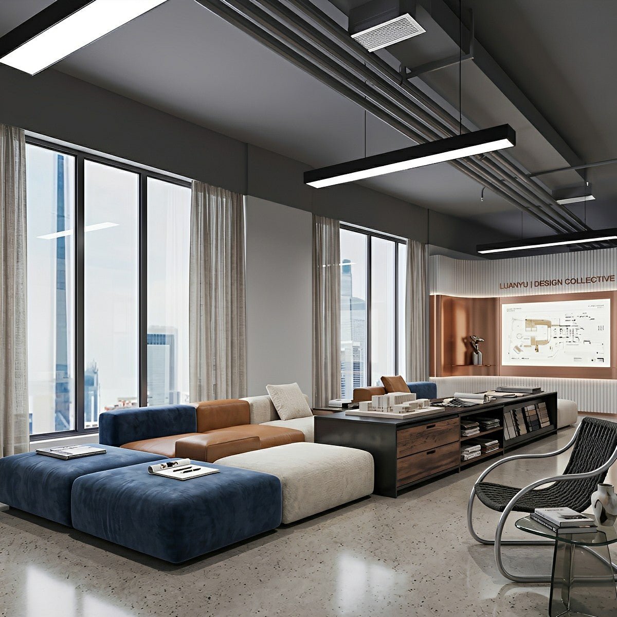Minimalist Black LED Recessed Office Hanging Suspended Linear Light