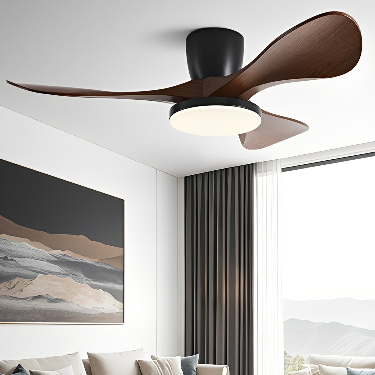 Modern Minimalist Sculptural DC Motor Reverse Ceiling Fan with Light