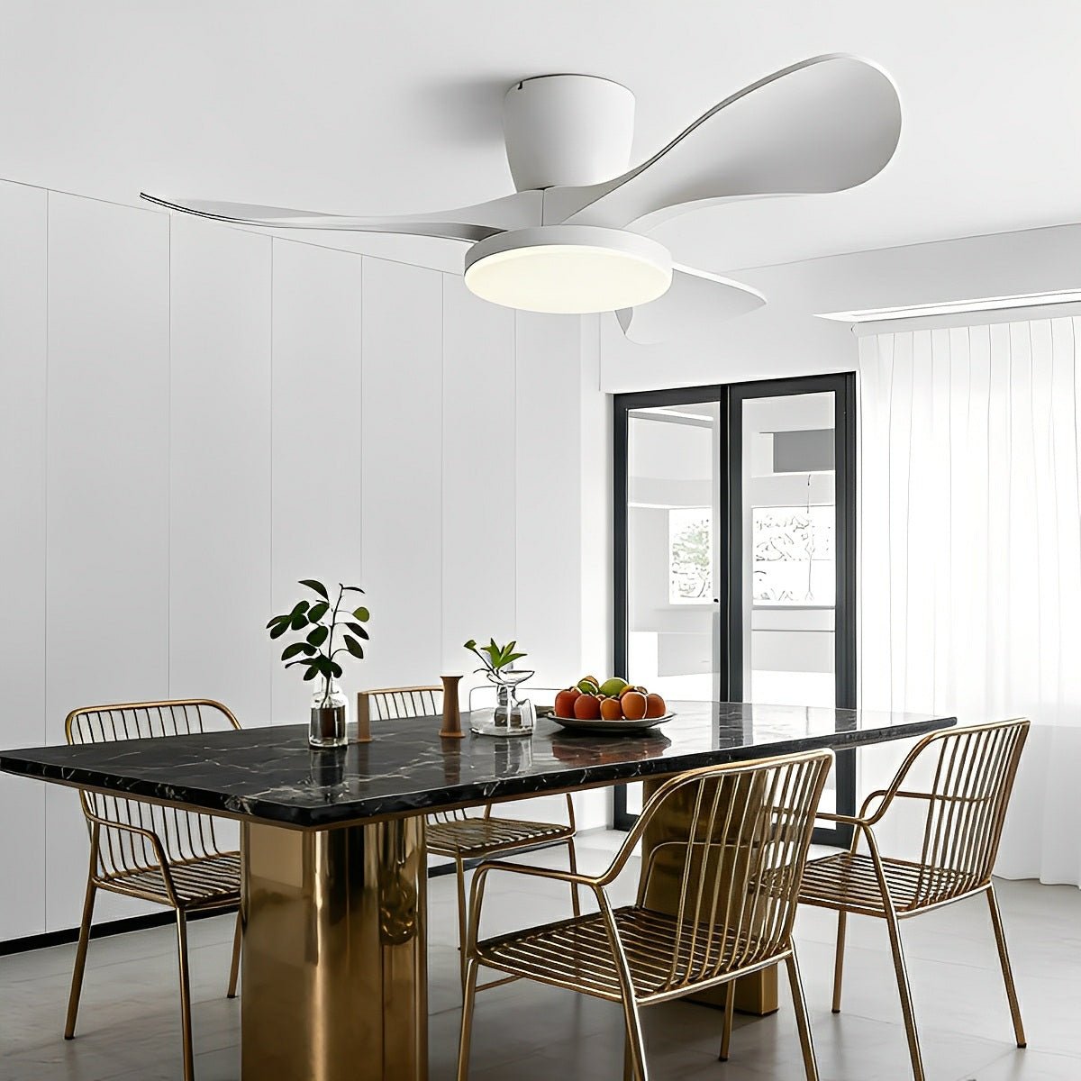 Modern Minimalist Sculptural DC Motor Reverse Ceiling Fan with Light