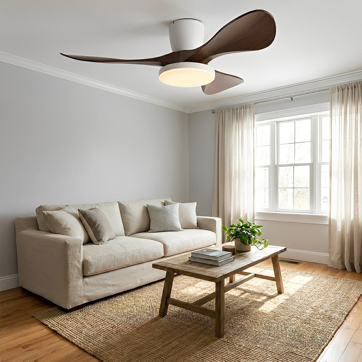 Modern Minimalist Sculptural DC Motor Reverse Ceiling Fan with Light