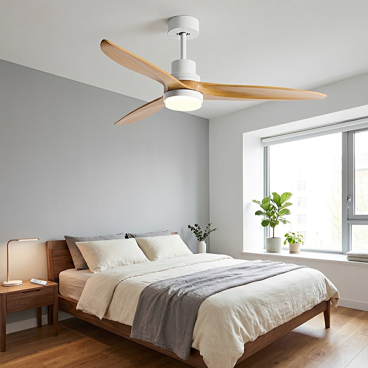 Modern Minimalist Wood DC Motor Reversible Ceiling Fan with Light