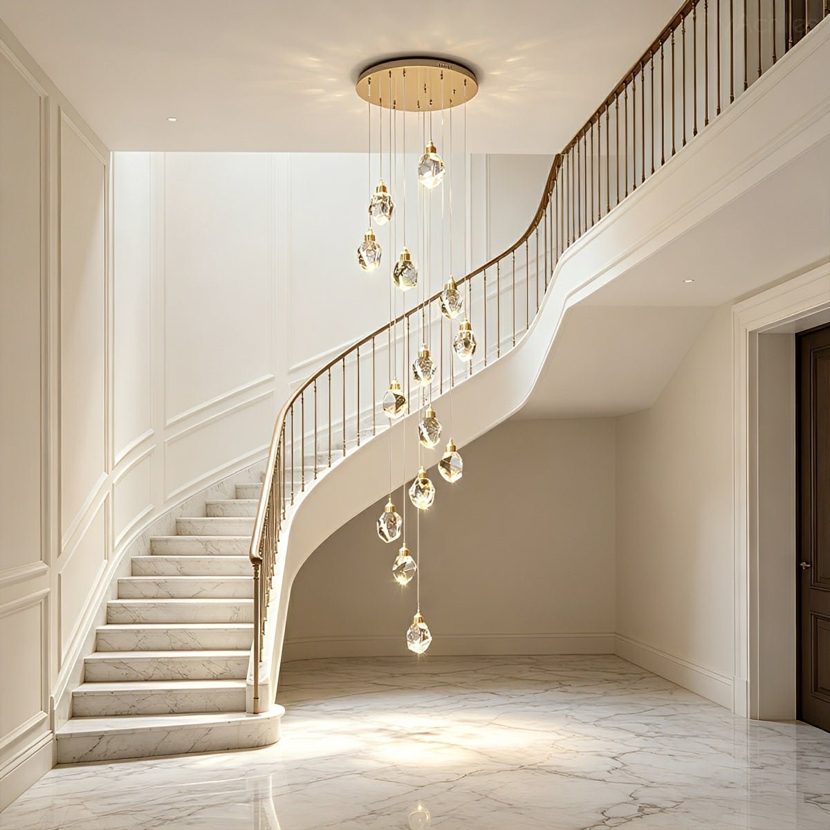 Dimmable Modern Spiral Crystal Droplets Staircase Chandelier