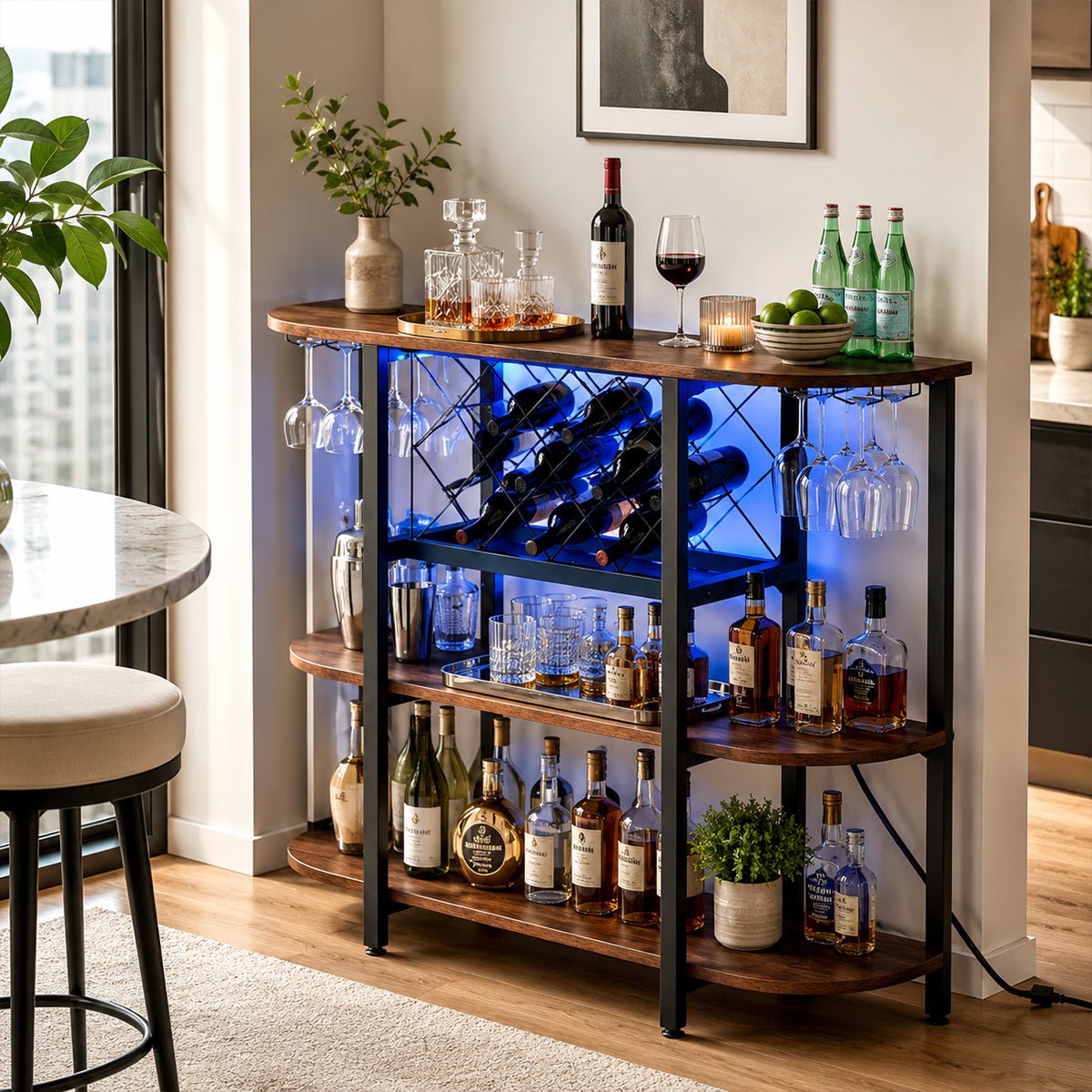 Multi-Tier Home Bar Cabinet Wine Storage with LED Lights