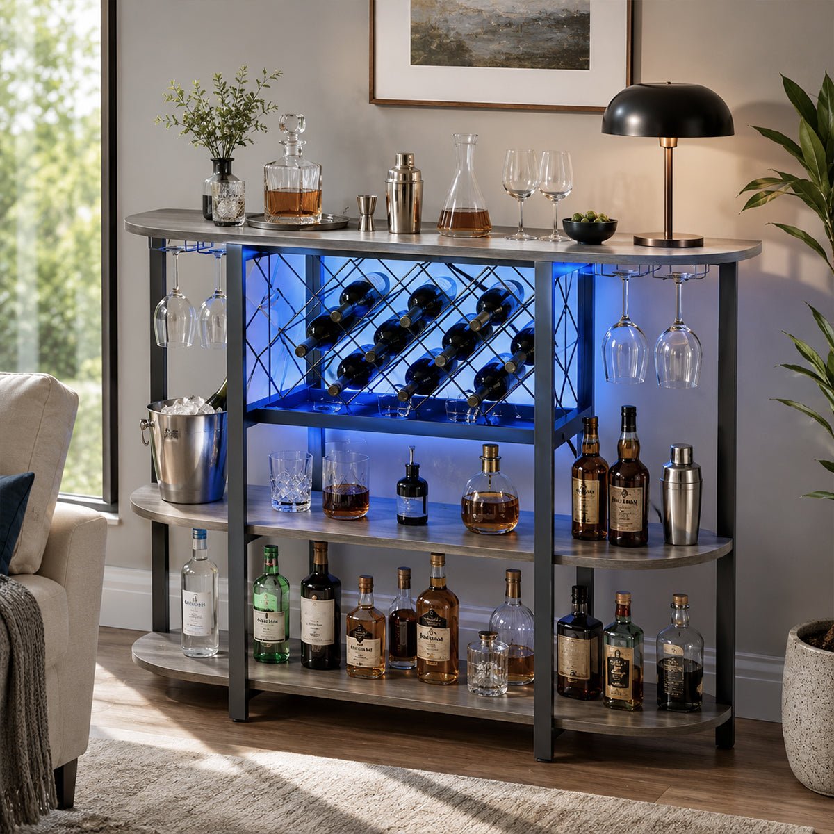Multi-Tier Home Bar Cabinet Wine Storage with LED Lights