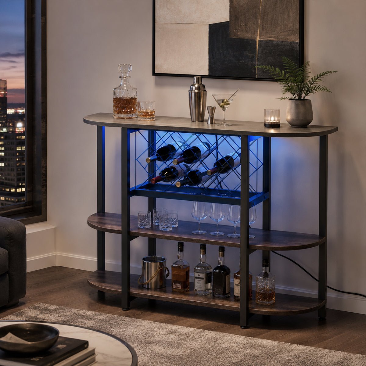 Multi-Tier Home Bar Cabinet Wine Storage with LED Lights