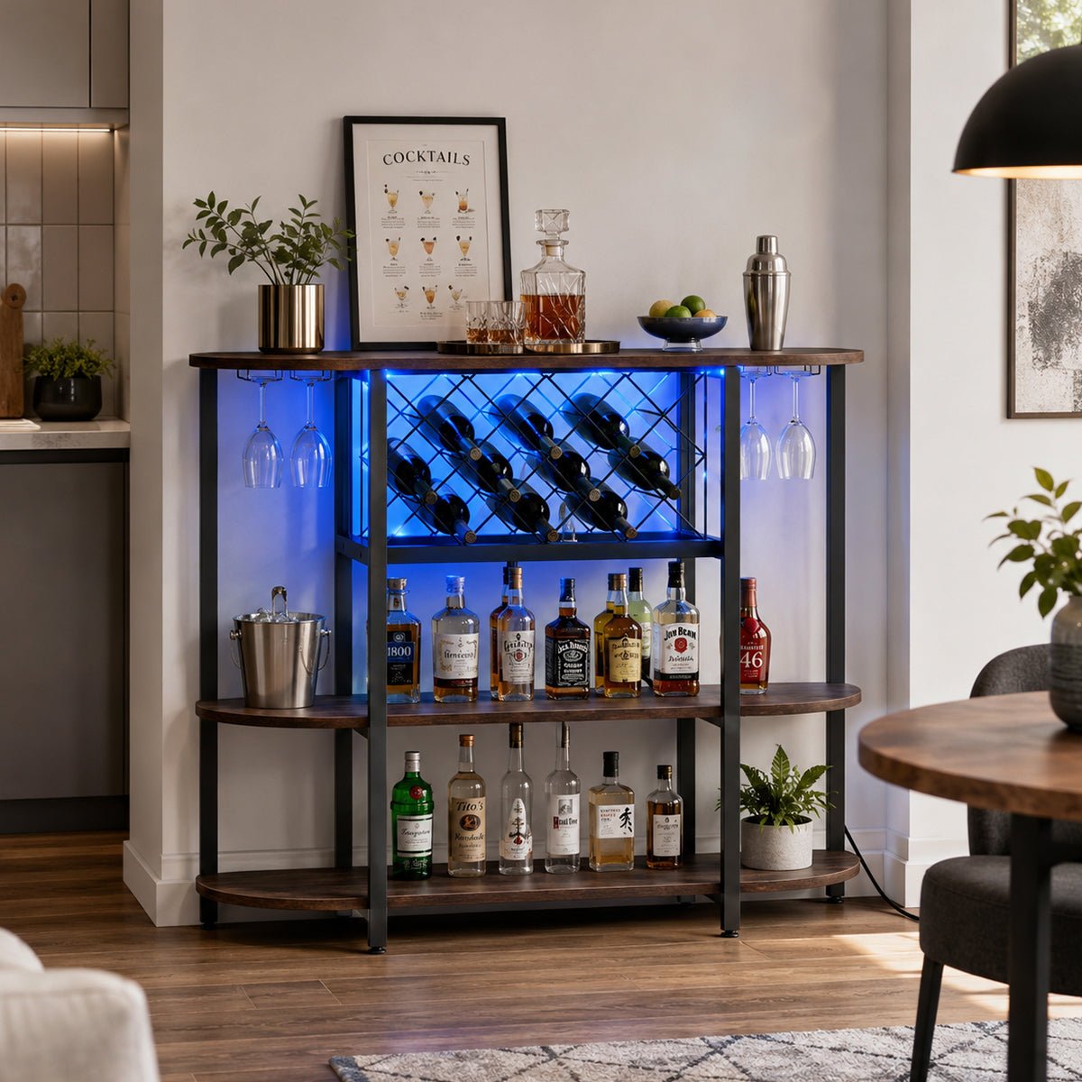 Multi-Tier Home Bar Cabinet Wine Storage with LED Lights