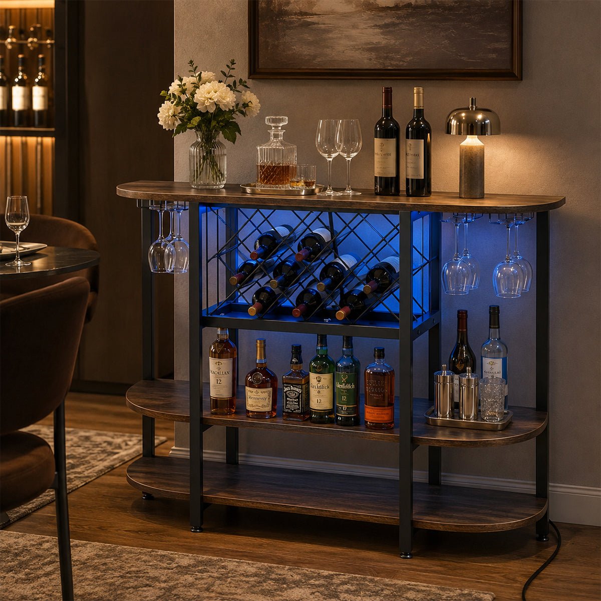 Multi-Tier Home Bar Cabinet Wine Storage with LED Lights